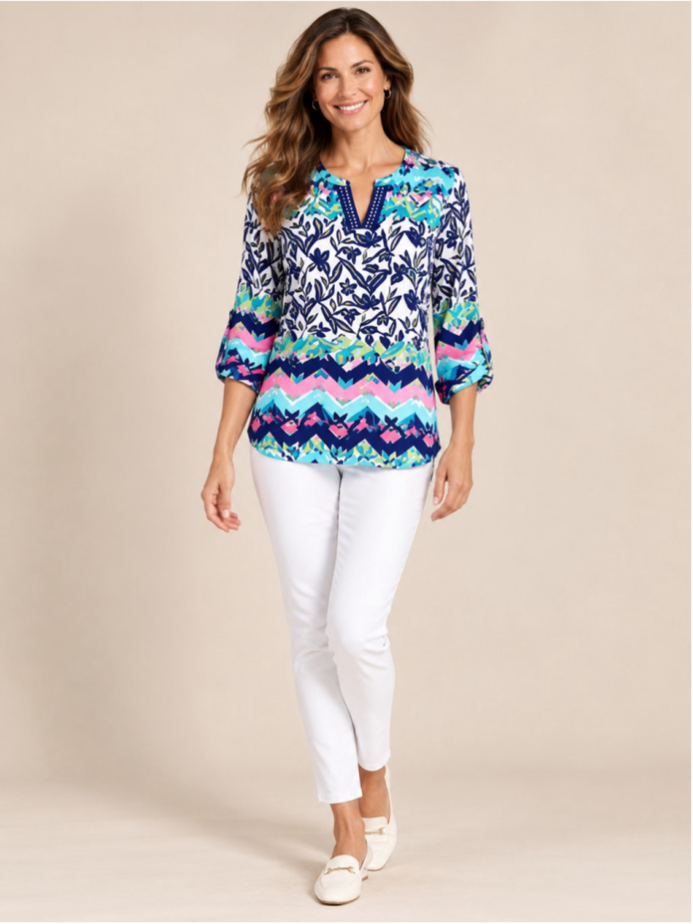 Rafaella Vibrant Floral & Chevron Tunic – Women’s Size L